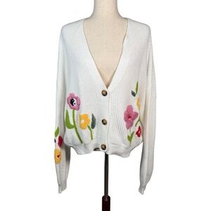 Clockhouse White Embroidered Floral Applique Knit Cardigan Sweater L Cottagecore